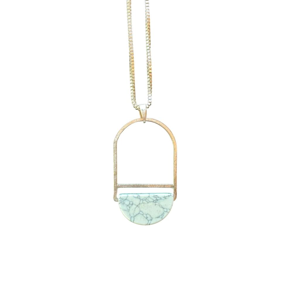 Turquoise Pendant Necklace 36” Chain Geometric Earthy Silver Tone